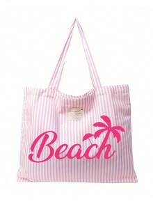 复古条纹帆布手提袋，印有玫瑰红椰子树和“Beach”字样，女士大容量条纹帆布手提袋 - 彩色 - 查看 11