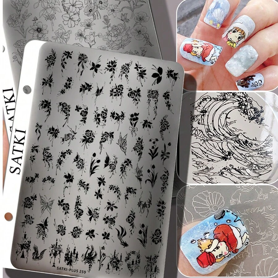 Placa de estampado de arte de uñas, plantilla de estampado con patrones florales, decoración de uñas para principiantes, incluye diseños de margarita, lirio y rosa, herramienta de estampado de silicona transparente - Multicolor - Ver 1