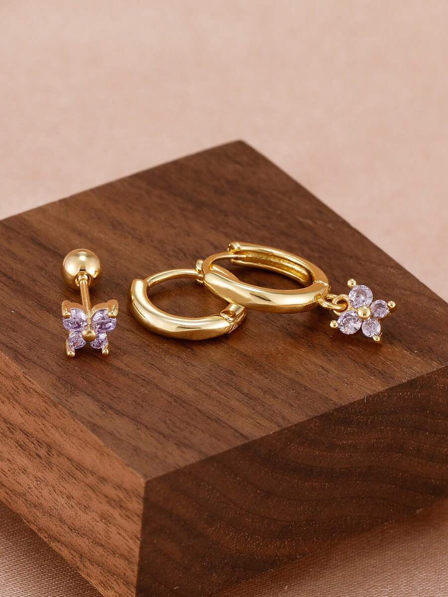 3件組不鏽鋼馬眼形CZ花瓣花朵槓鈴螺絲球平背耳釘,18K鍍金,女款軟骨穿刺耳飾 - 金淺紫-6# - 查看 1