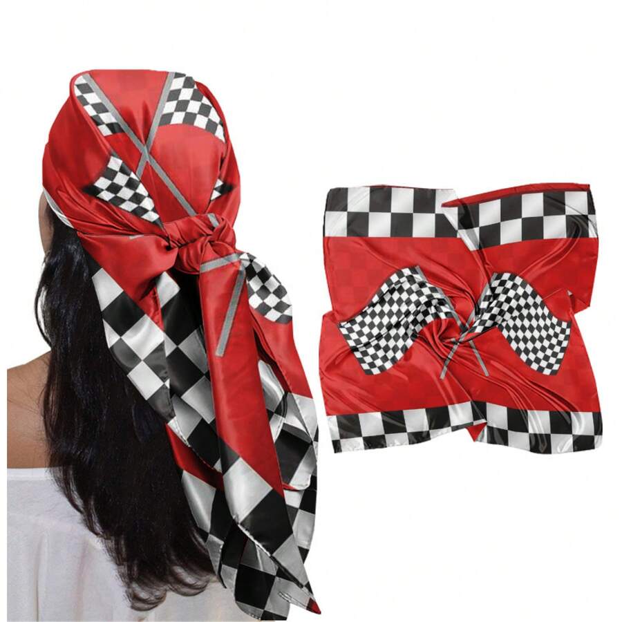 1pc 35-Inch Square Scarf, Soft Fashionable Aesthetic Racing Checkered Pattern Headscarf, Skin-Friendly Breathable Non-Stuffy, Daily Commuting, Shopping, Dates, Weekend Leisure, Outdoor Play, Beach Vacation, Road Trip, Fashionable Eye-Catching - 彩色 - 查看 1