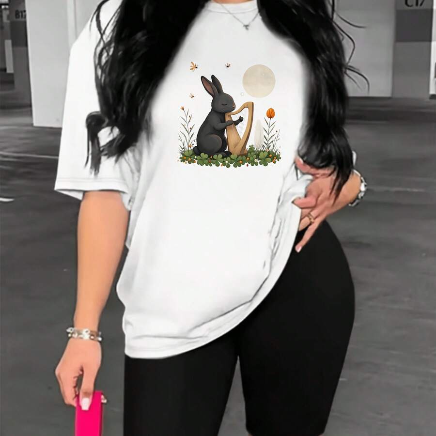 1 pieza camiseta mujer conejo con arpa estilo boho primavera verano Disponible en varios colores - Blanco - Ver 1