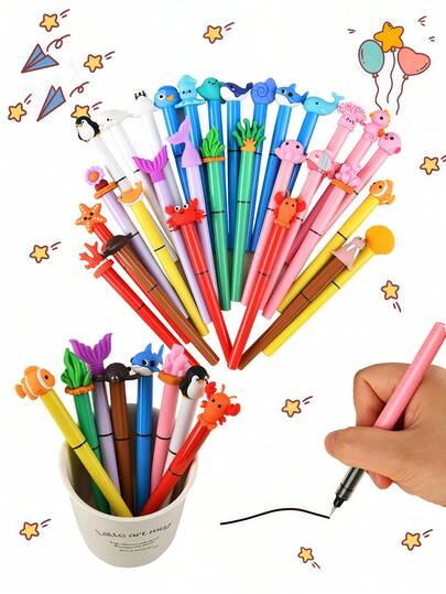 12pcs Cute Ocean Animal Syringe Gel Pens, Adorable Marine Life Patterns, Stationery Gifts, Quick-Drying Black Ink, Smooth Writing, Office & School Supplies, Perfect For Party Favors, Birthday Gifts And Back To School (Multiple Styles Available)