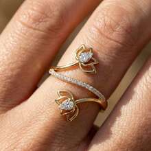 Nhẫn đôi cao cấp, siêu sáng bóng, hình học, đính đá Cubic Zirconia tròn, quà tặng trang sức cho lễ đính hôn, đám cưới và tiệc tùng. - Màu vàng - Xem 8