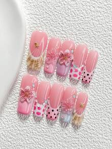 10Pcs Sweet Girl Style Handmade Nail Art Set,Polygel Nail Set,Starfish, Five Petal Flower,Pink, Black And Blue Nail Polish,Includes Nail Tools,3 Sizes Available,Almond Nails , Duck Nails,Coffin Nails For Party, Dance, Daily Wear. - 彩色 - 查看 14