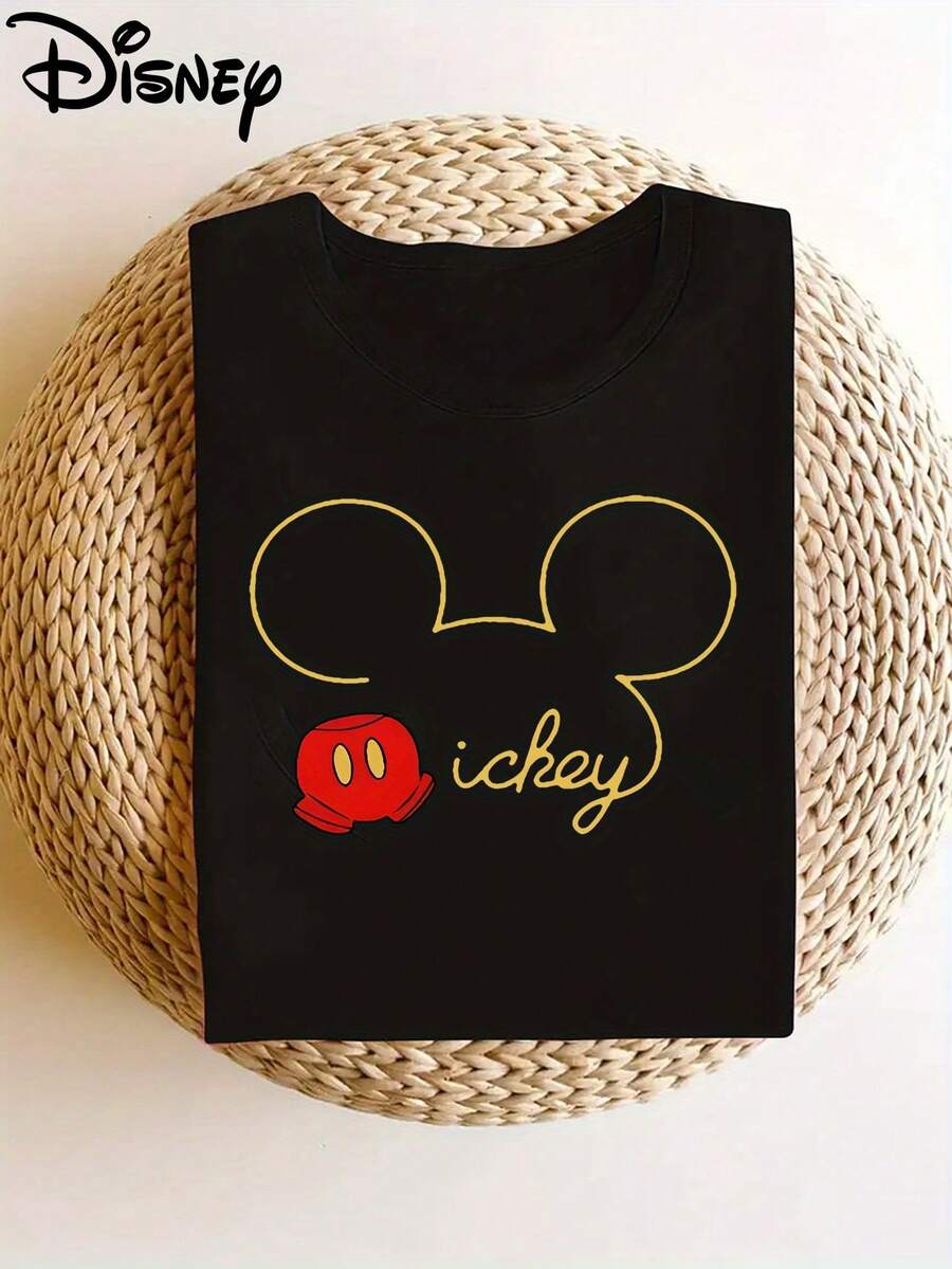 Disney Licensed Mickey Print Soft Stretchy Casual Short-Sleeve Top, Stylish Short-Sleeve Round-Neck T-Shirt For Women - 黑色 - 查看 1