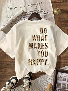 T-shirt graphique imprimé léopard << Fais ce qui te rend heureux », col rond, manches courtes, décontracté pour femmes, vacances d'été à la plage - Nude - Voir 3