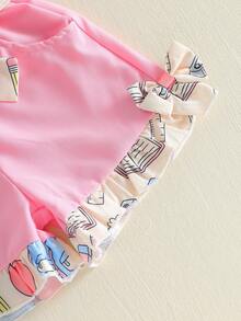 Baby Girls Back-To-School Outfits Book Pencil Print Button Up Shirt And Elastic Shorts With Belt Set - Pink - View 5