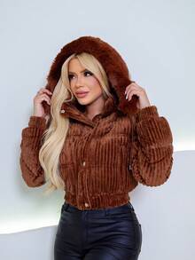 Puffer Jacket In Corduroy With A Faux Fur Lining. - Rust Brown - View 4