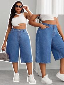 Damen Mittelblau Elastischer Bund Denim Mid-Length Shorts, Kontrastnähte Schlankmachendes Design, Sommer Herbst Pendler Vintage Knielang Lässig - Mittele Waschung - Übersicht 2