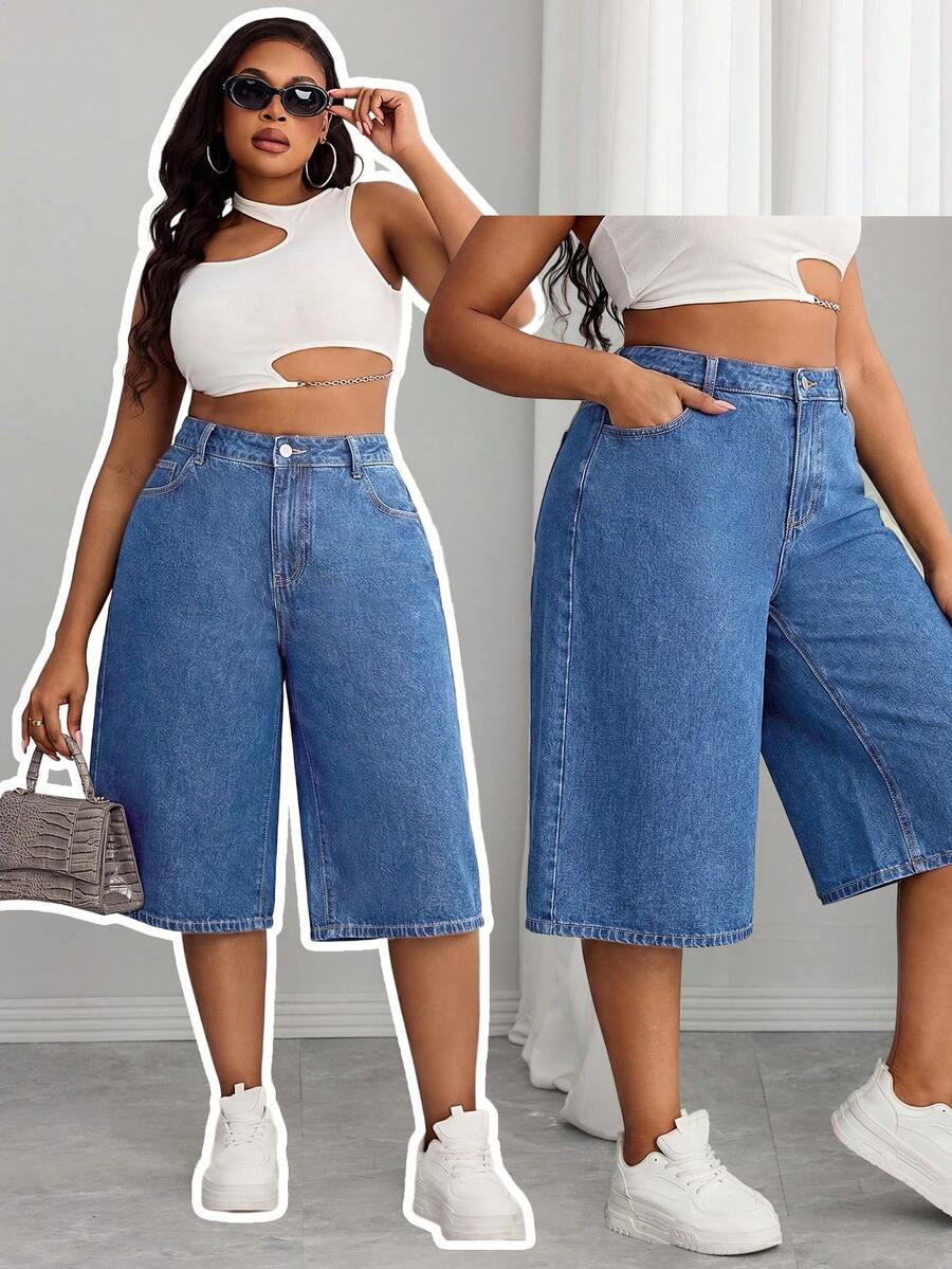 Damen Mittelblau Elastischer Bund Denim Mid-Length Shorts, Kontrastnähte Schlankmachendes Design, Sommer Herbst Pendler Vintage Knielang Lässig