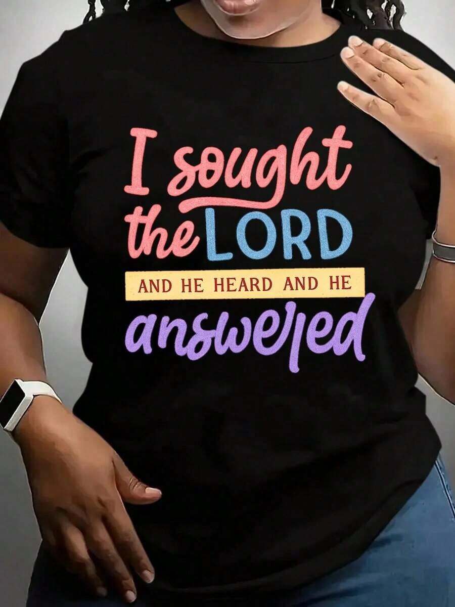 Camiseta casual de talla grande para mujer, pedí la protección del Señor y Él escuchó mi oración.De estilo deportivo y casual, cómoda y holgada, esta camiseta estampada de cuello redondo es adecuada para el uso diario, para todas las estaciones, lavable a máquina, ropa de mujer para el Día de San Valentín, atuendo para citas. - Negro - Ver 1