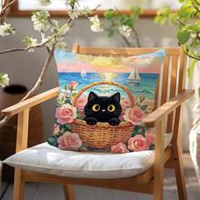 1 件装黑猫花卉印花抱枕套，柔软桃皮绒面料，45*45 厘米，适合房间装饰、室内客厅沙发装饰、派对装饰，装饰枕礼品 - 彩色 - 查看 8