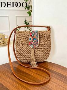 Summer Fashion Versatile Casual Handwoven Large Capacity Beach Straw Crossbody Bag - Khaki - View 2