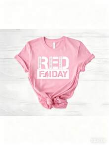 May 5th Day Casual T-Shirt 100% Cotton Women's Summer Top. On Fridays We Wear Red Shirts, We Wear Red To Remember Everyone's Deployment. American Flag American Veterans T-Shirt, American Flag T-Shirt 180g Breathable Cotton Tee, All Match - 粉色 - 查看 11