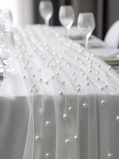 1pc White Pearl Beaded Tulle Fabric, Suitable For Table Runner, Ceremony Backdrop, Home Decor, Room Decoration, Birthday Party, Valentine's Day Ceremony Decor To Create A Romantic Ambiance