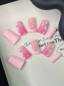 10pcs Y2K Style Duck Mouth Nail Art Set, Handmade, Pink Nails, Pink Ombre French Manicure, Hand-Painted Pink Ombre Nails, Pink Floral Elements Design, Shiny Rhinestone Decor, Elegant And Exquisite, Perfect For Party And Casual Outfits, An Ideal Gift For Women And Girls, Nail Art Supplies - Multicolor - View 12