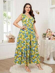Reflora Vestido de moda con volantes en el bajo, sin mangas y con hombros anudados con estampado de lunares para mujer de talla grande - Amarillo - Ver 8