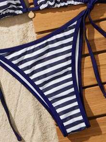 Swim Mod Conjunto de bikini de triángulo con copa sólida para mujer, traje de baño sexy de dos piezas con lazos - Azul marino 2 - Ver 5