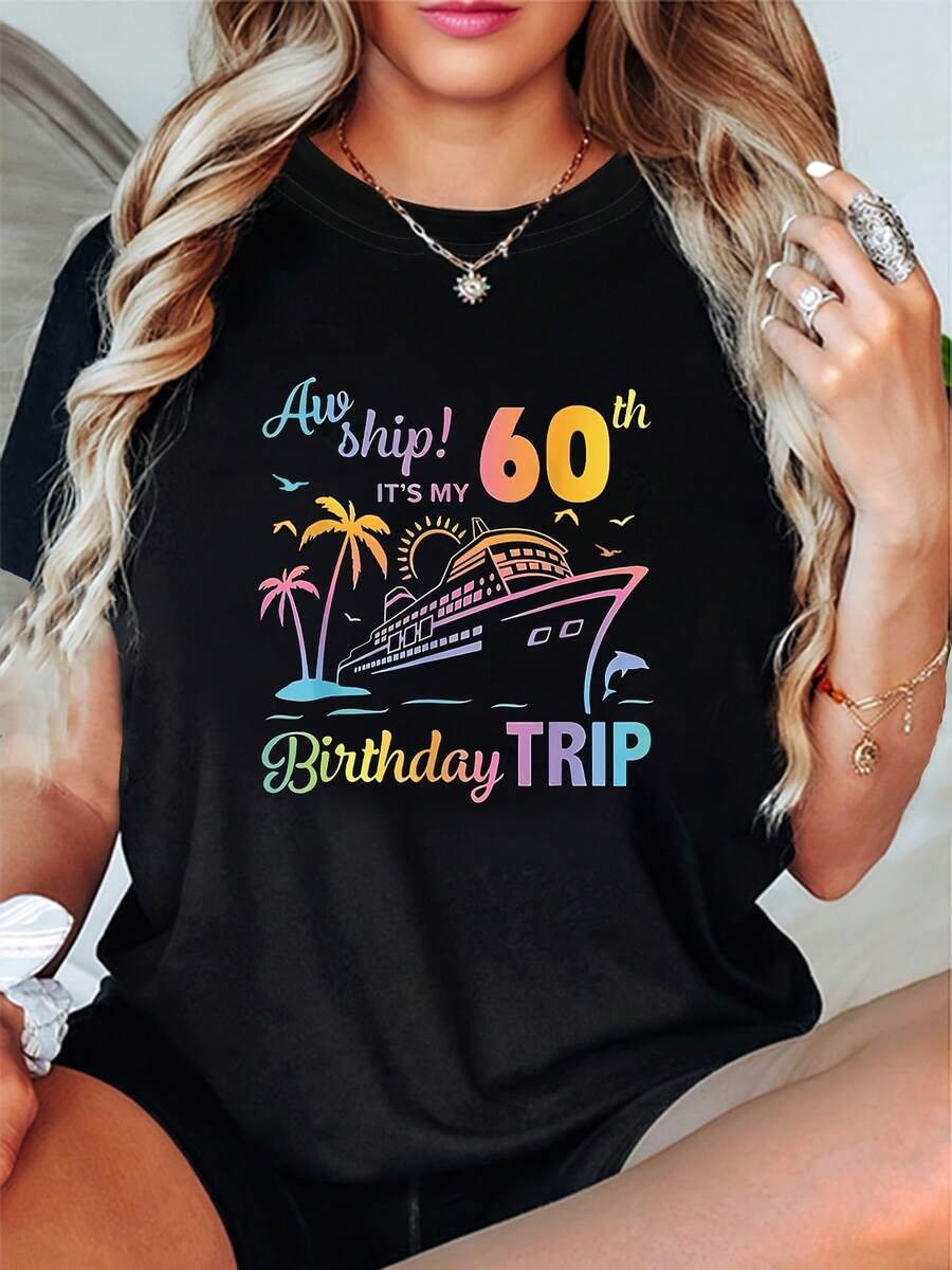 60º Viaje de Cumpleaños en Crucero "¡Oh, barco!"Camiseta de Mujer Talla Grande con Estampado "IT'S MY 60th Birthday TRIP", Cuello Redondo, Estilo Casual, para Primavera/Verano, Vacaciones, Fiestas de Cumpleaños y Viajes - Negro - Ver 1