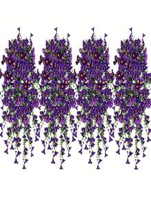 4pcs/1pc Artificial Hanging Flower Vines, UV-Resistant Purple Hanging Artificial Morning Glory Flower Bouquets,Artificial Hanging Flowers, Artificial Flowers, Artificial Plants, Mixed Color Vines And Eucalyptus Leaves, Lifelike, No Container Needed, 31 Inch Hanging Artificial Greenery. Can Be Used As Wall Hanging Plants - Multicolor - View 4