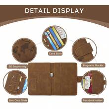 Funda para Pasaporte con Bloqueo , Porta de Pasaporte de Cuero PU, Cartera para Pasaporte, con Etiqueta de Equipaje, Organizador de Documentos de Viaje, Cierre Magnético, Unisex (Camello) - Gris - Ver 3
