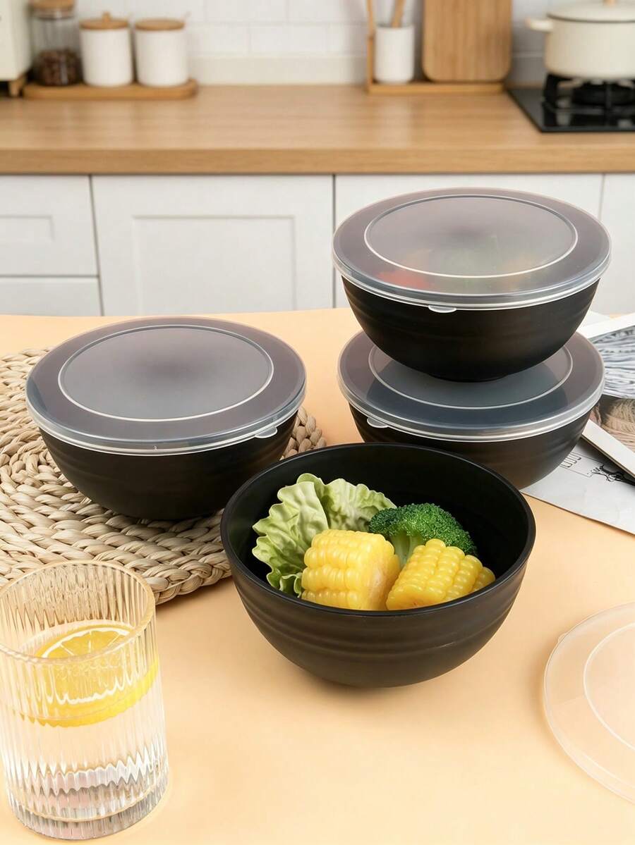 1/2/4/8个装带盖塑料碗,食品储存碗,适用于盛放汤、麦片、燕麦片、零食、水果和其他厨房用品 - 黑色 - 查看 1