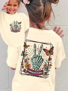 Modern Minimalist T-Shirt For Young Girl, Casual, Elegant, Comfortable, Simple, Fashionable, With Floral, Letter And Star Print, Short Sleeve, For Spring, Summer, School, Campus, Summer Vacation At University. - 杏子 2 - 查看 5