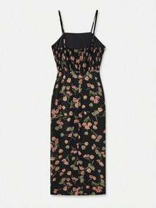 Vestido midi ajustado de flores negras, estilo francés, sin tirantes y cuello recto, con abertura lateral, elegante y sensual para primavera y verano - Negro - Ver 8