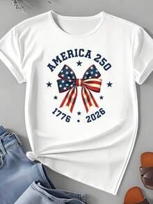 Plus Size Casual T-Shirt America 250 Patriotic Bow Design 1776 2026 Independence Day Celebration Fourth Of July Party Wear 220g - trắng - Xem 3