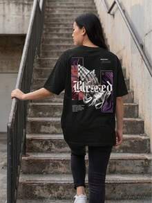 Lightweight, Comfortable And Soft T-Shirt, Fitted Silhouette, Street Style Pinterest Inspired Back Prayer Hand Gesture And "Feel" Gothic Slogan Print, Faith Quote Black Graphic Tee Casual - Black - View 5
