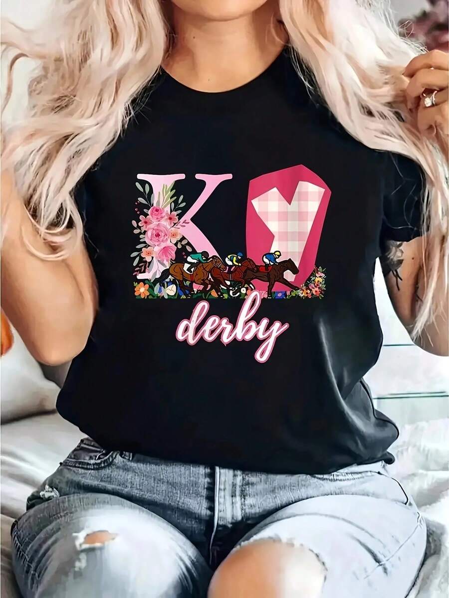 Wo'S Derby Horse Racing T-Shirt | Pink And Racing Design With K-DERBY Logo, Stretchy/Elastane, Casual Round Neck Short Sleeve Top For Fans, Spring Summer Fall Outfit-Vintage Street Style Unisex Loose Cotton Short Sleeve Crew Neck T-Shirt - 黑色 - 查看 1