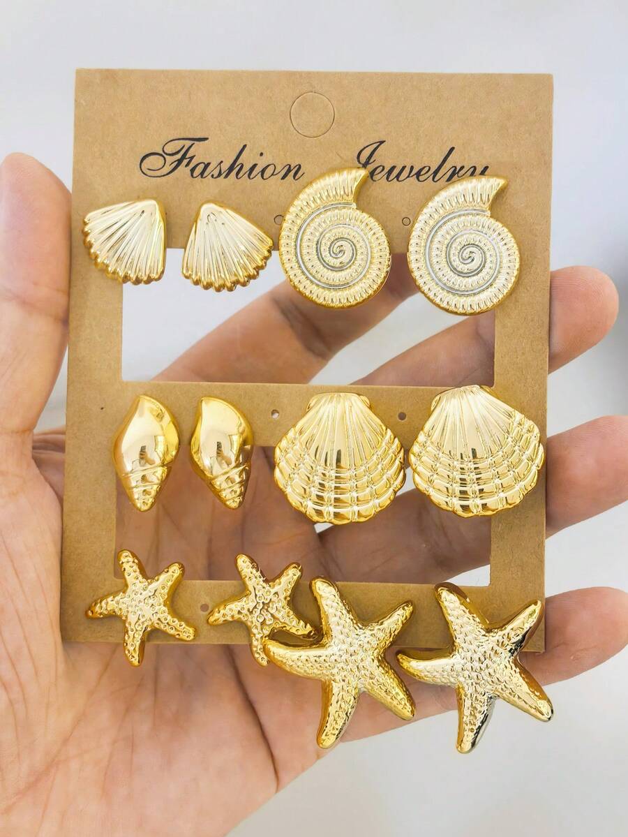 Bộ 12 khuyên tai hình sao biển, vỏ sò, ốc xà cừ thời trang, thích hợp cho du lịch mùa hè và nghỉ mát ở bãi biển. - 6 cặp vỏ sao biển - Xem 1