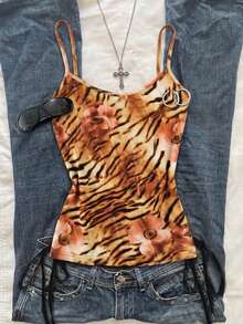 Áo croptop hai dây họa tiết hoa hồng sọc hổ ngọt ngào và mát mẻ mùa hè, áo hai dây dáng ôm vừa vặn có thể điều chỉnh. - Nhiều màu - Xem 1