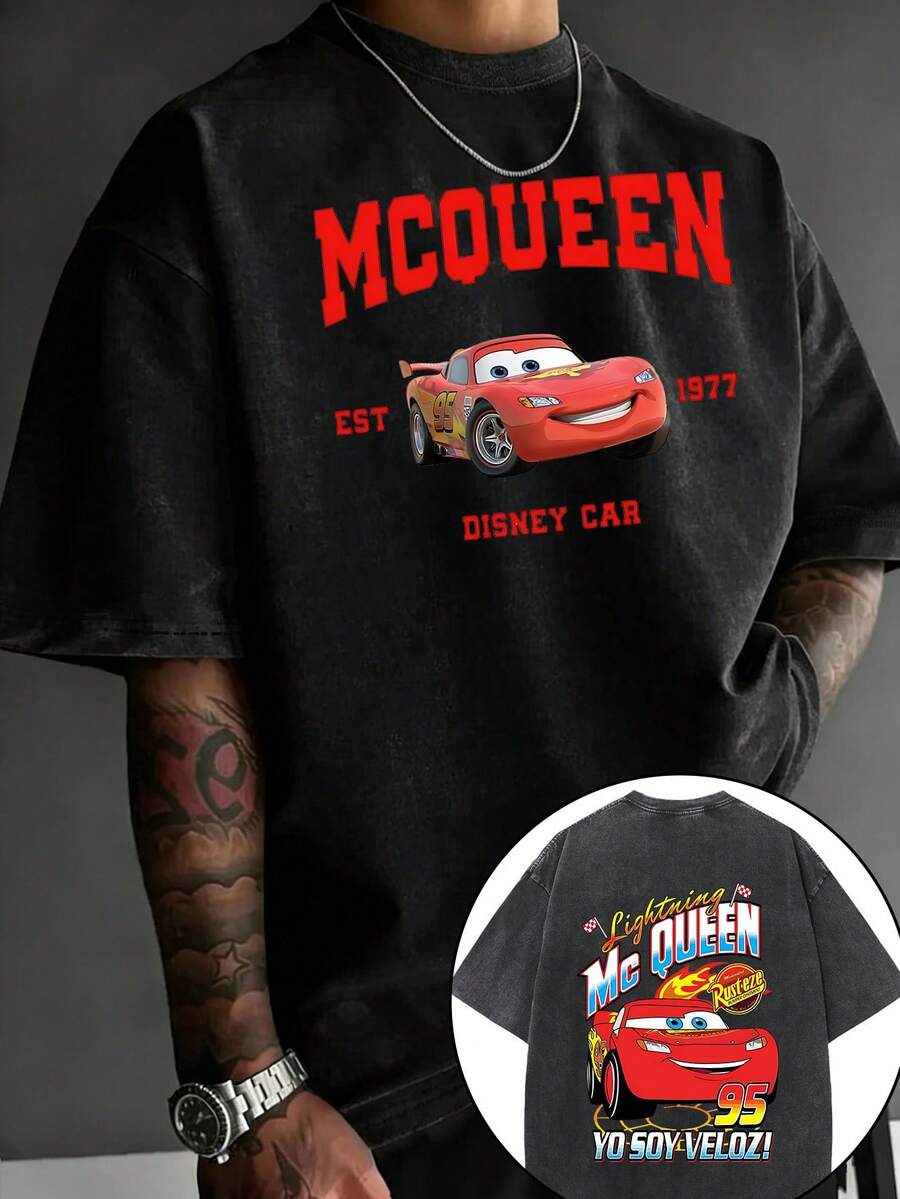 Disney Men's Summer Vintage Washed Cotton Crew Neck Short Sleeve T-Shirt-Disney Vintage Washed Made Old Cars Lightning McQueen Pattern Crew Neck Cotton Short Sleeve T-Shirt, Vintage Fashion Made Old T-Shirt, Disney Elements Street Style 2 - màu đen - Xem 1