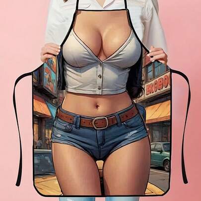 1件白色背心式牛仔图案女士印花厨房围裙，创意设计，适合派对或节日、厨房、浴室和家庭使用。