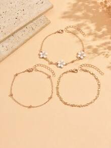 3pcs/Set Handmade Simple Chain White Glazed Flower Anklet, Suitable For Daily Wear, Beach Vacation, Travel, And Dating. Handmade Chain Length And Bead Quantity Are Random. - Gold - View 2