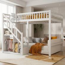 Caluself 140 X 200 Cm, Bunk Bed, Double Bed With Star-Patterned Mesh, Made Of Solid Wood, With Safety Ladder And Storage Space, With Slatted Base, White, Without Mattress - White - View 1