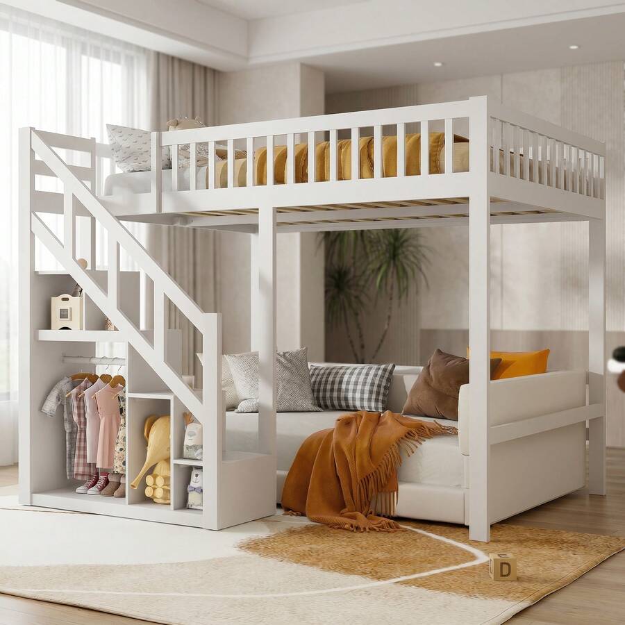 Caluself 140 X 200 Cm, Bunk Bed, Double Bed With Star-Patterned Mesh, Made Of Solid Wood, With Safety Ladder And Storage Space, With Slatted Base, White, Without Mattress - White - View 1