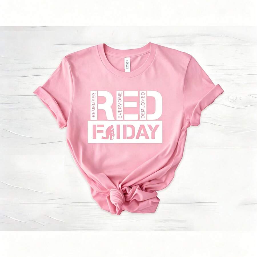 May 5th Day Casual T-Shirt 100% Cotton Women's Summer Top. On Fridays We Wear Red Shirts, We Wear Red To Remember Everyone's Deployment. American Flag American Veterans T-Shirt, American Flag T-Shirt 180g Breathable Cotton Tee, All Match - 粉色 - 查看 1