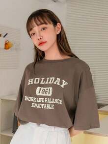 Oversized Summer T-Shirt With Letter Graphic And Dropped Shoulders - 全穀類咖啡 - 查看 6