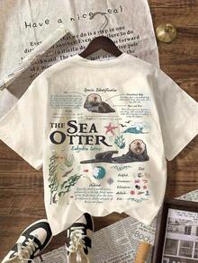 Camiseta de manga corta con cuello redondo y estampado gráfico de nutria marina vintage para verano - Blanco - Ver 7