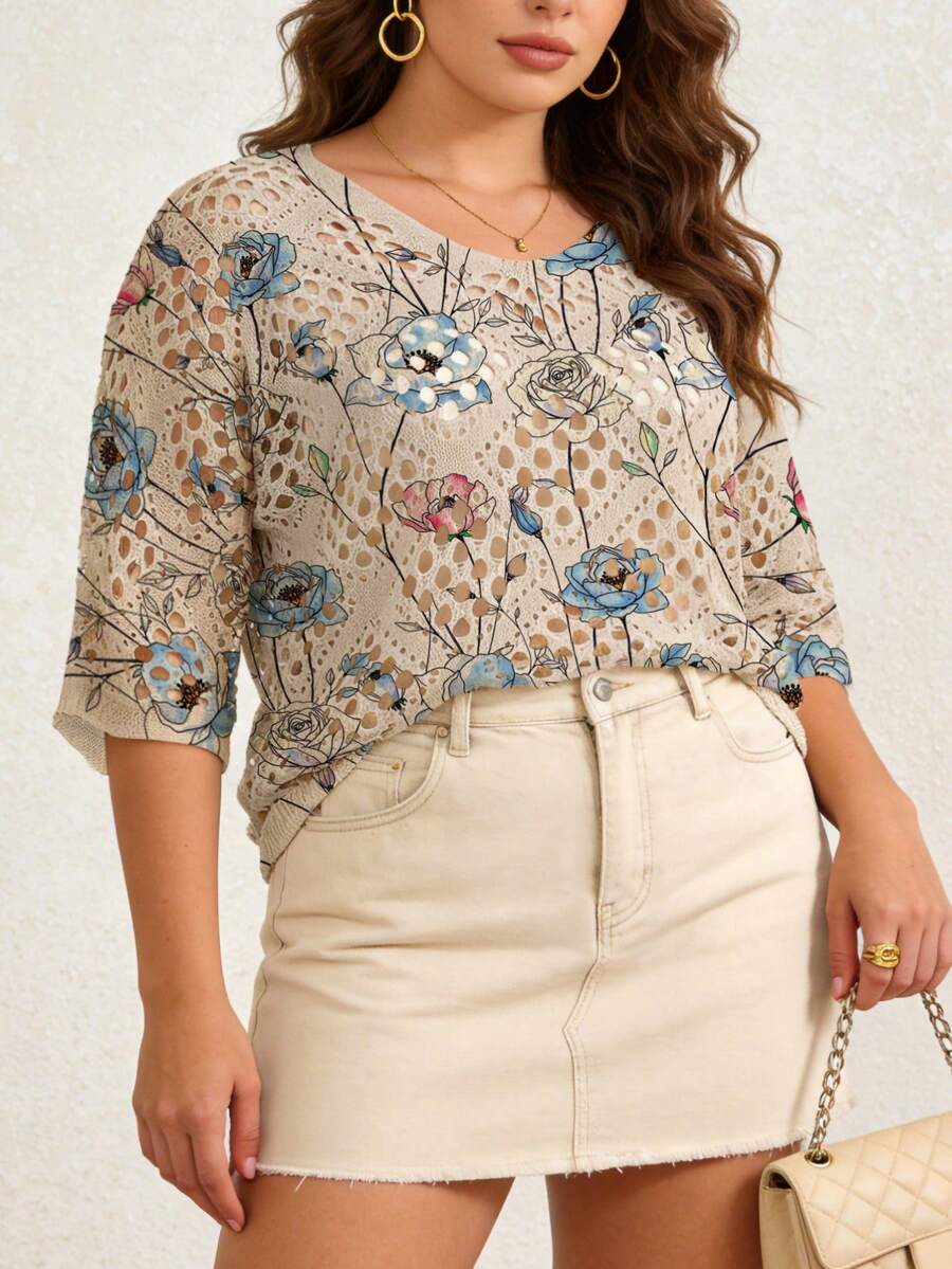Áo khoác dệt kim phong cách Bohemian cỡ lớn dành cho nữ, thích hợp cho kỳ nghỉ hè ở bãi biển, họa tiết hoa cổ điển phủ khắp áo, cổ chữ V, tay lỡ 3/4, thích hợp cho mùa xuân. - Nhiều màu - Xem 1