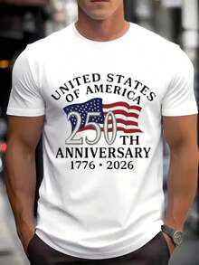 Camiseta de Cuello Redondo para Hombre con Estampado de la Bandera de los Estados Unidos de América, 250 Aniversario 1776-2026, para Celebración del Día de la Independencia, Tela Cómoda, Ideal para Regalar - Blanco - Ver 5