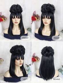 Schwarze Perücke mit vollem Pony und hohem Dutt, hitzebeständiges, seidiges, mattes und realistisches Haar, dunkler, edler Gothik-Stil, atmungsaktive Innenkappe, leicht zu tragen. Ideal für Halloween-Party, dunkle Cosplay, Retro-Hofball und Bühnenauftritte für Frauen. - Schwarz - View 10