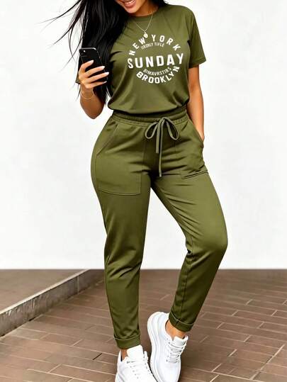女士新款纯色字母“SUNDAY”印花圆领短袖T恤+抽绳腰宽松七分裤两件套，休闲日常穿着，春夏款