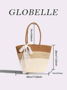 GLOBELLE 撞色草编沙滩手提包，配蕾丝围巾，大号编织单肩包，休闲夏季篮包，女士旅行度假必备 - 棕色 - 查看 12