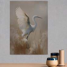 Pintura en lienzo 2D plana, 1 pieza sin marco, Garceta en cañas doradas - Arte de pared moderno minimalista adecuado para granja, estilo rústico o contemporáneo, elegante póster de pájaro para el hogar, oficina, decoración, arte neutro de vida silvestre para dormitorio, cocina, sala de estar, 2D - Enmarcado - Ver 3