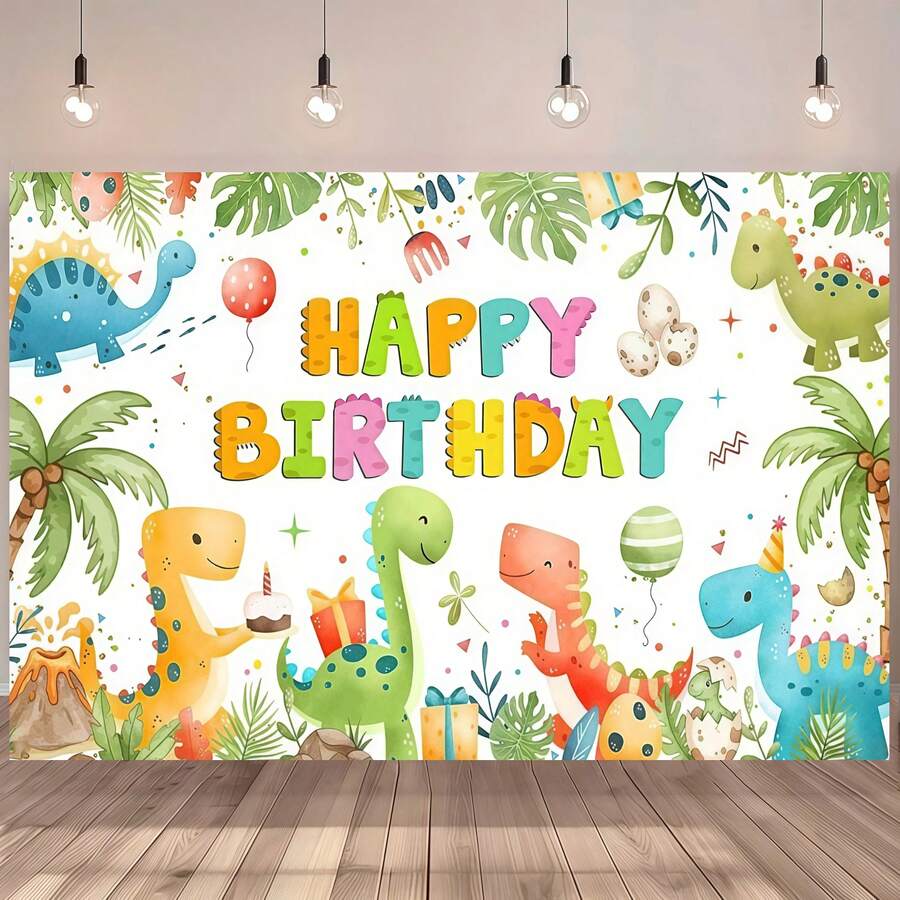 1 Peça Painel de Bottom de Aniversário com Tema de Dinossauro Cartoon, Decoração de Festa de Aniversário Feliz com Tema de Dinossauro Cartoon para Meninos, Suprimentos de Bottom de Festa de Dinossauro Jurássico para Crianças, Adequado para Decoração de Quarto, Mesa de Bolo, Decoração Cartoon Doméstica. - Multicolorido - Visão 1