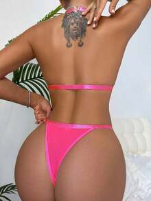 Conjunto de Lencería con Arnés de Encaje Floral Gótico, Estilo Baddie - Rosa coral - Ver 2