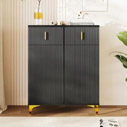 Elegant Sideboard/Shoe Cabinet With Textured Panels, Adjustable Shelves And Gold Decorations, With Drawers.